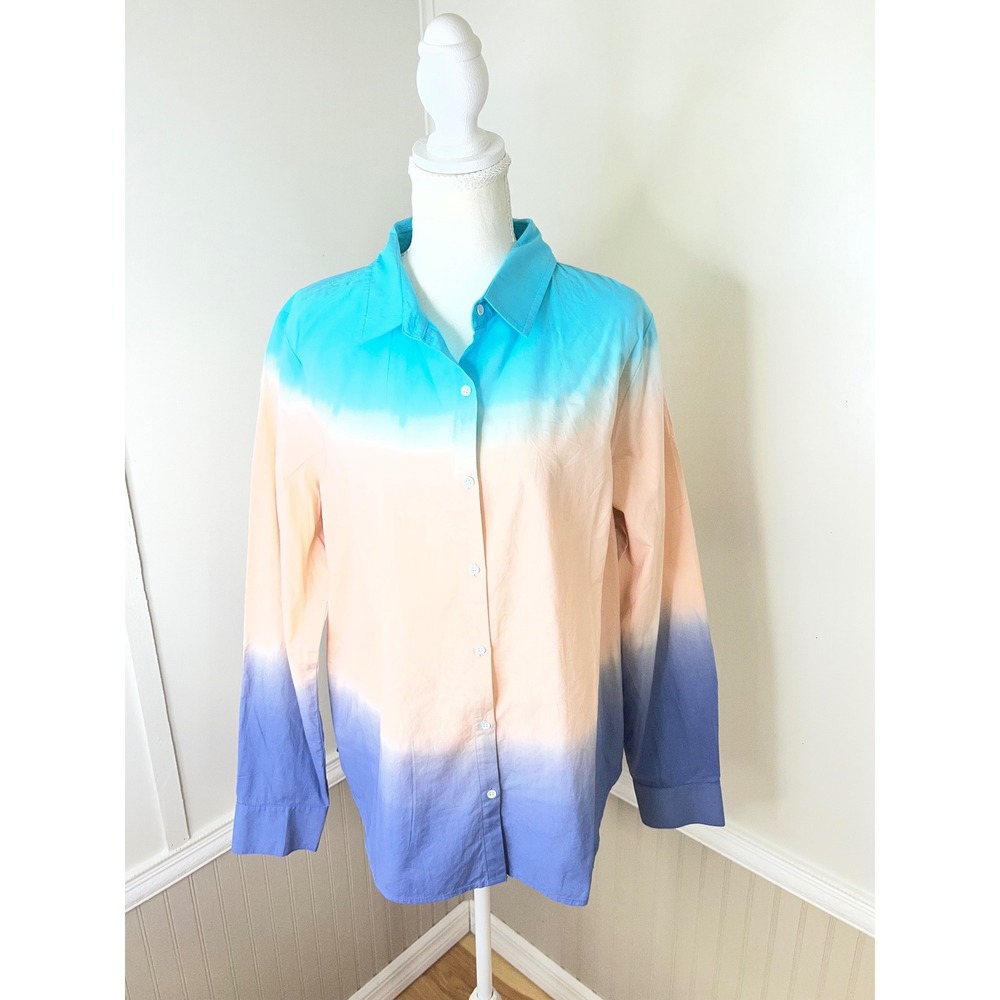 Skinny‎ Girl Ombré Dip Dye Button Down Shirt Long Sleeve Blue Peach Size L NWT